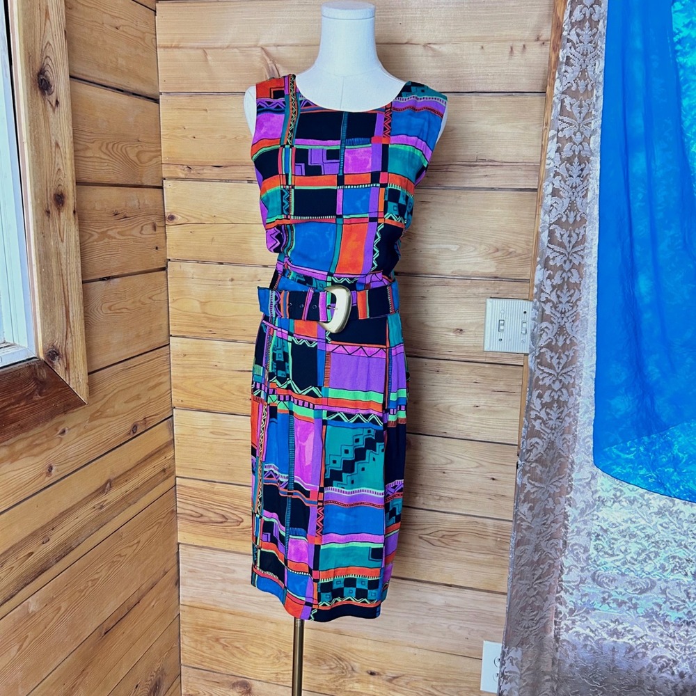 Vintage Geometric Midi Dress Womens Size 15/16 Multicolor Positive Attitude